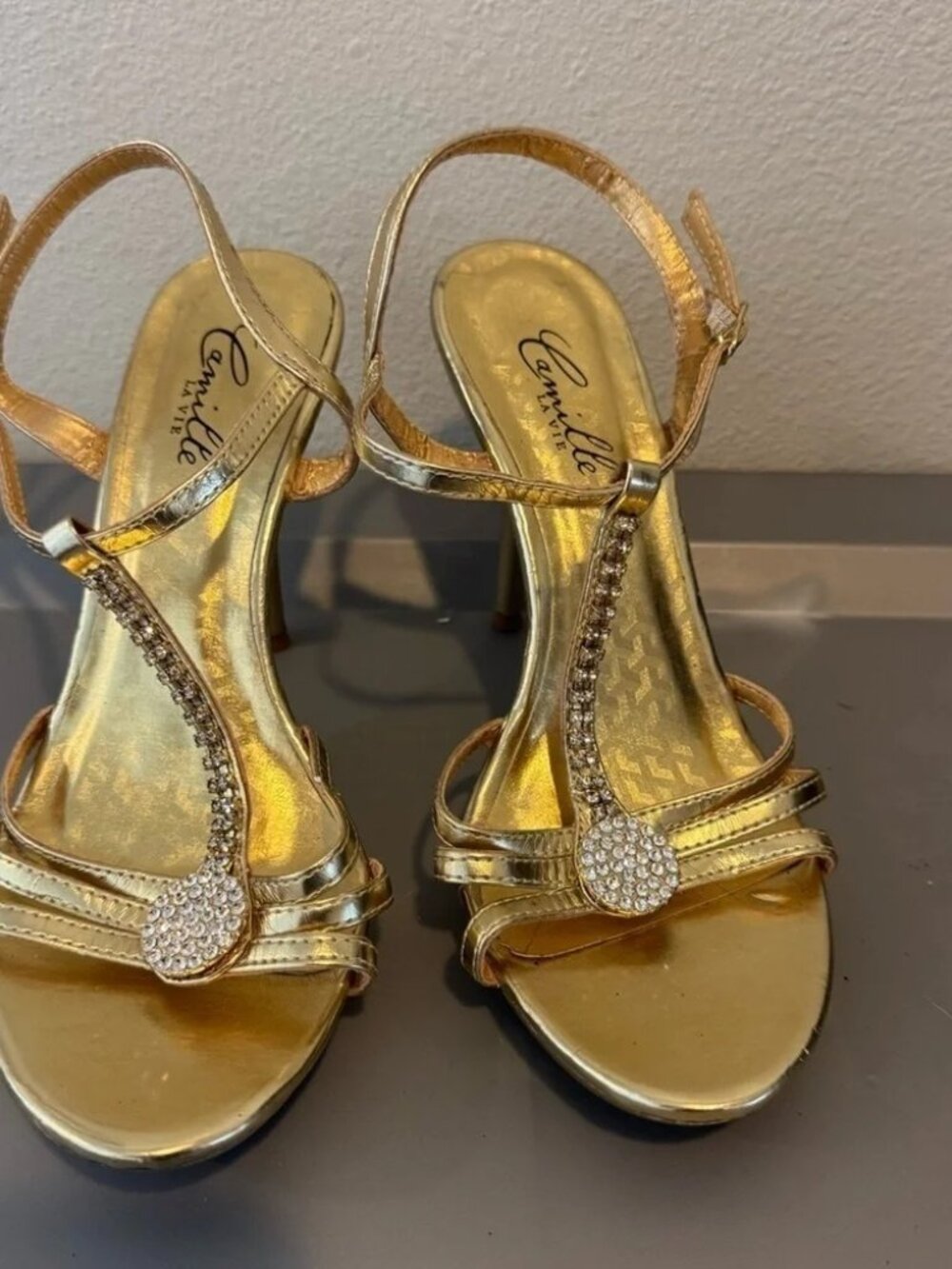 Camille La Vie Gold High Heel Sandals with T-Strap